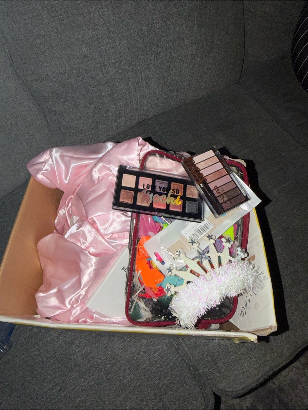 Pink Satin pillowcase with Hair & Makeup Accessories